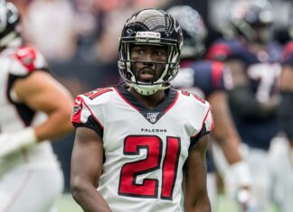 Falcons End Losing Streak With Gritty Win Over Raiders Atlanta Falcons cornerback Desmond Trufant during NFL football game between the Houston Texans and the Atlanta Falcons in 2019.