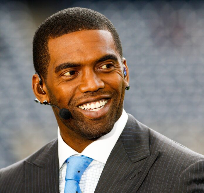 ESPN NFL Countdown reporter Randy Moss during pre-game between the Oakland Raiders and the Houston Texans at NRG Stadium in Houston, TX in 2017.