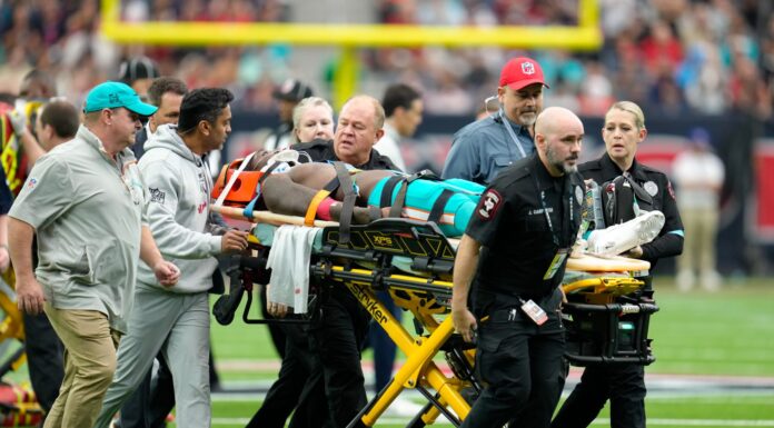 Grant DuBose Hospitalized After Helmet-to-Helmet Collision in Dolphins-Texans Game Dolphins wide receiver Grant DuBose (88) is carted off the field after suffering a head injury on a helmet-to-helmet hit after a catch during the second half of an NFL game between the Texans and the Dolphins on December 15, 2024 in Houston, Texas.