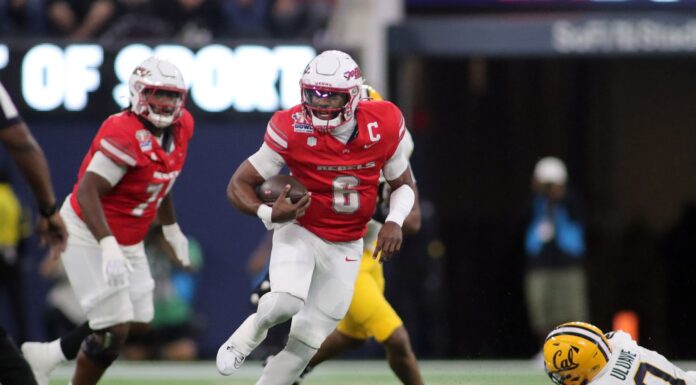 UNLV Triumphs Over California in Art of Sport LA Bowl UNLV Rebels quarterback Hajj-Malik Williams #6 runs for a positive gain during the Art Of Sport LA Bowl, Dec. 18 2024