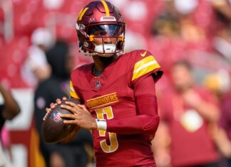 Commanders Beat Buccaneers in Wild-Card Win, Ending 19-Year Playoff Drought The Washington Commanders quarterback Jayden Daniels in October 2024